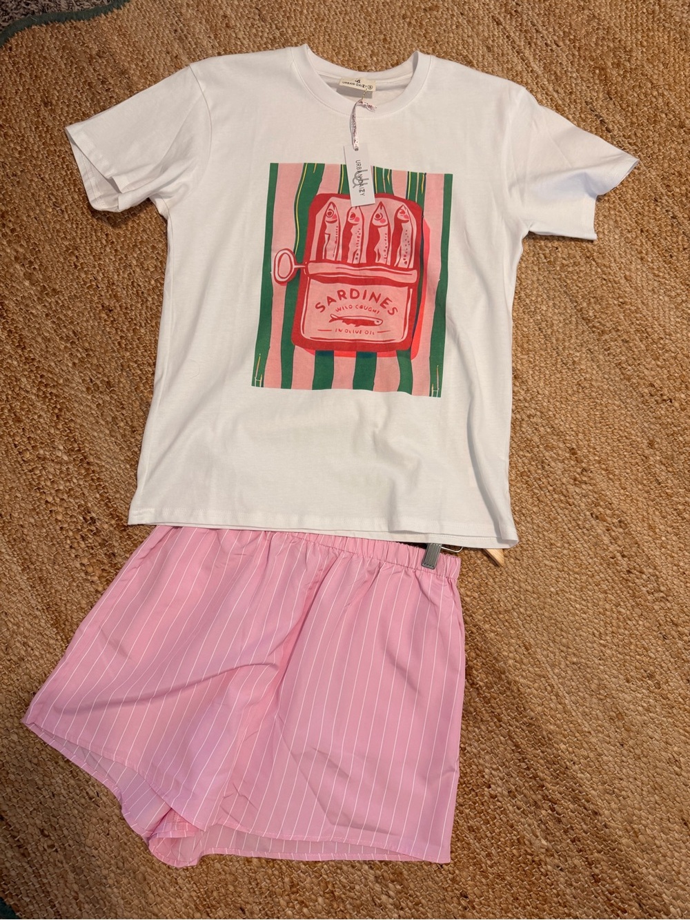 White Graphic Tee & Pink Striped Shorts Pajama Set